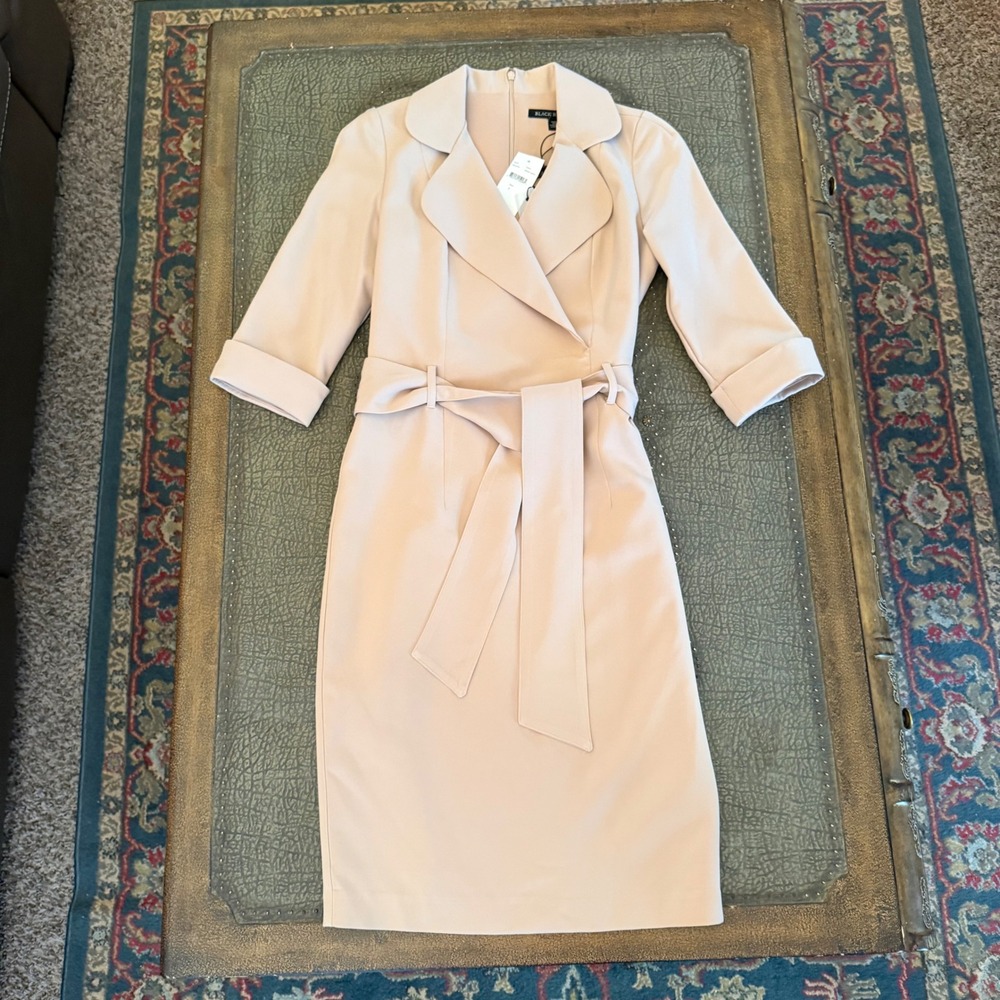 NWT Black Halo Desert Sand Sheath Dress 6602761 Notched Lapel Tie Waist $435